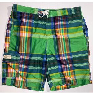 Chaps Mens Plaid‎ Swim Trunks LG Green Multicolor Pocket Drawstring Waist